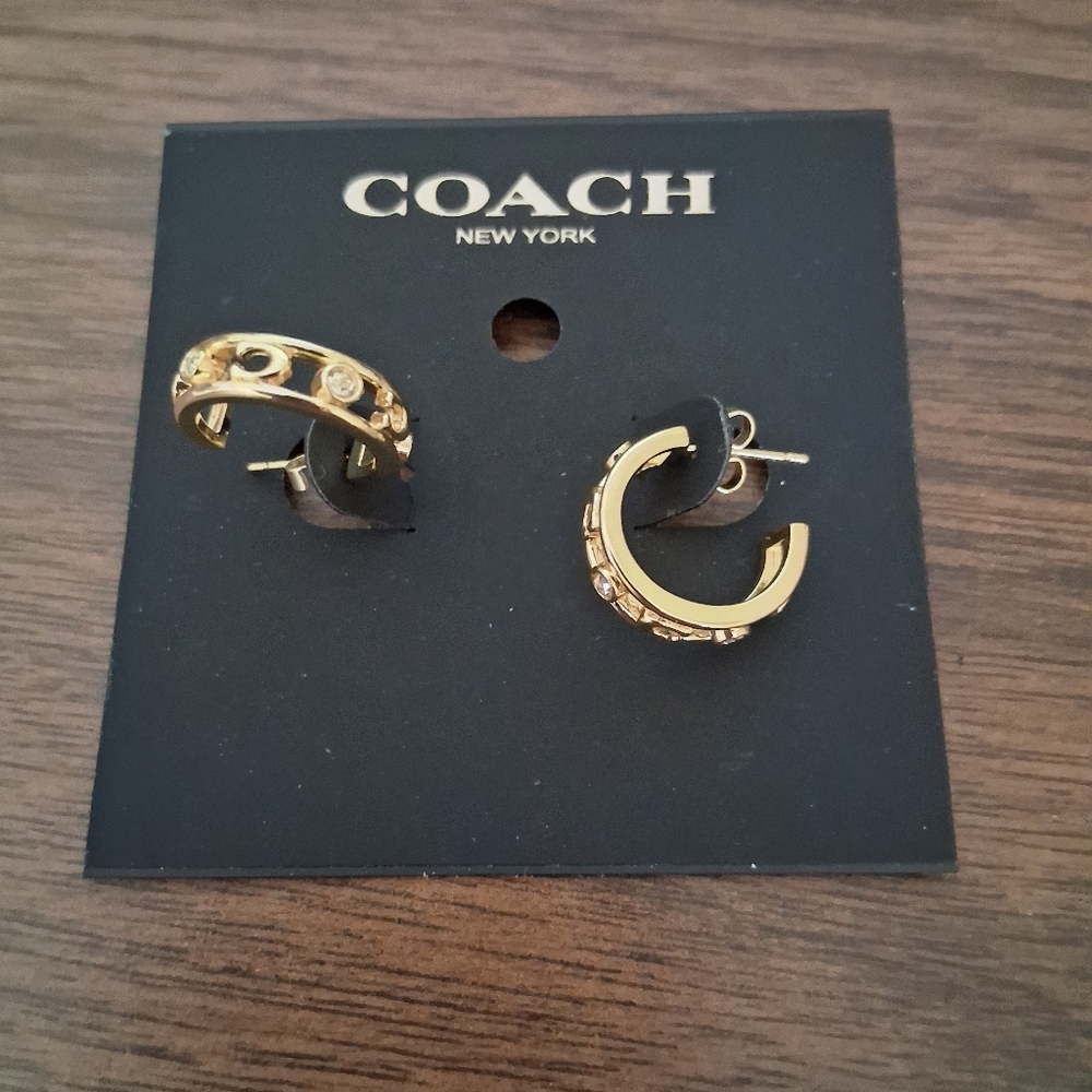 Coach Gold Embellished Signature "C" Logo Hoop Earrings With Crystal Accents NWT - Picture 10 of 10